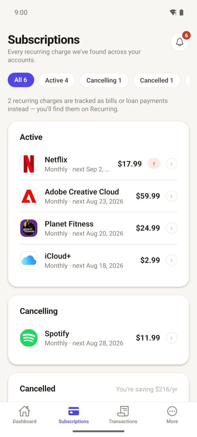 The subscriptions list with every recurring charge, including a price increase flag